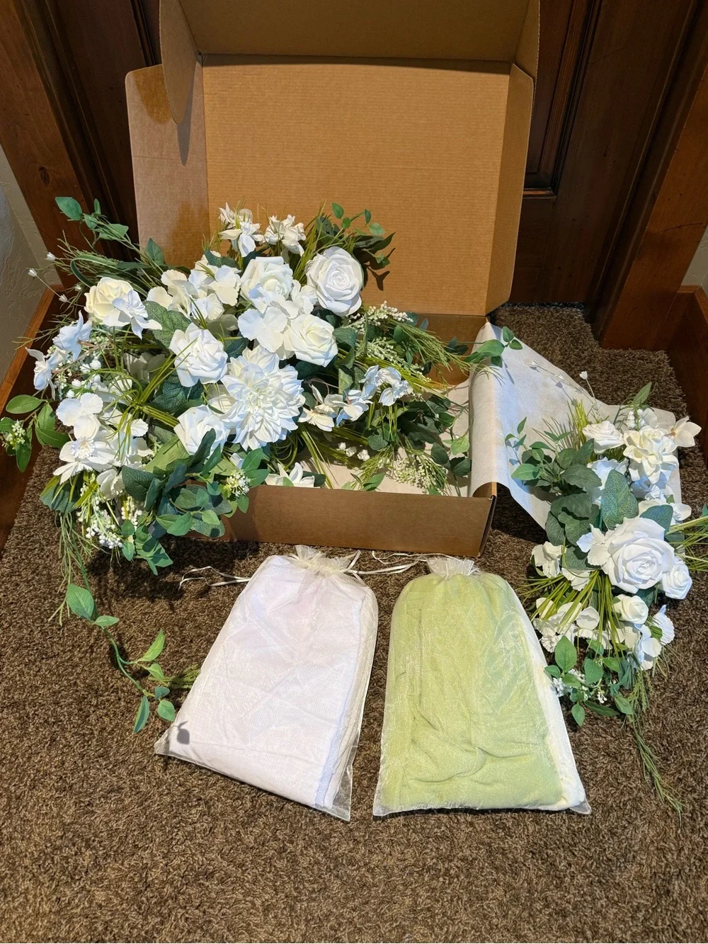 Ling's moment Spring Wedding Arch Flowers Kit White Lily & Olive with Drapes